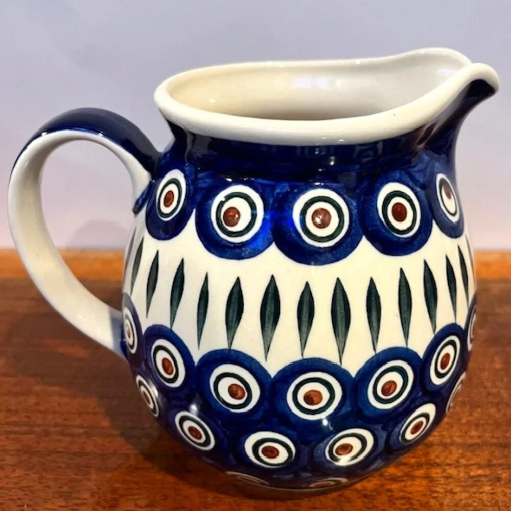 Wiza Polish Pottery Handmade 28oz Pitcher Peacock Leaves